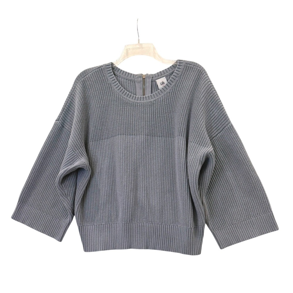 Cabi Busy Sweater Blue Gray Ribbed Knit Back Zip Boxy Cropped Pullover SizeXL